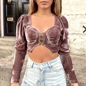 Velvet Bustier Long Sleeve Crop Top